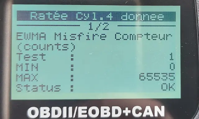 P1337 Citroen: EWMA Misfire Compteur (counts) Test: 1, MIN: 0, MAX: 65535, Status: OK.