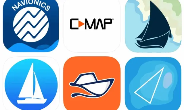 Icônes d'applications de navigation : Navionics, C-MAP, voilier, bateau, carte marine.