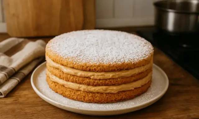 Un gâteau russe traditionnel, à la crème onctueuse et saupoudré de sucre glace, prêt à être dégusté.