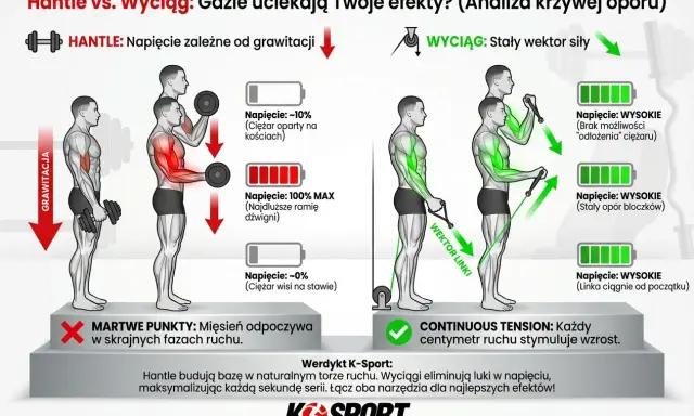 Hantle vs. wyciąg: analiza napięcia. Wyciąg zapewnia stałe napięcie, co oznacza, że każdy centymetr ruchu stymuluje wzrost. To jest buff co to znaczy w kontekście treningu.