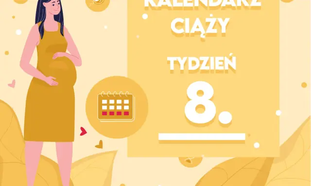 Kobieta w 8tygodniu ciąży, z brzuszkiem. Obok kalendarz i napis "Kalendarz ciąży tydzień 8".