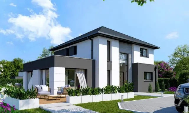 Maison moderne blanche et grise avec terrasse, jardin et allée. Le prix de construction de cette maison est un investissement pour un style de vie contemporain.