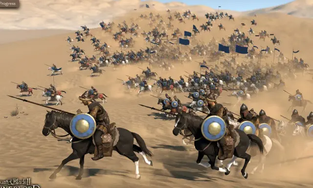 Wielka bitwa kawalerii w piaskach pustyni, jak w Mount & Blade 2. Żołnierze w zbrojach pędzą na koniach, niosąc włócznie i tarcze.