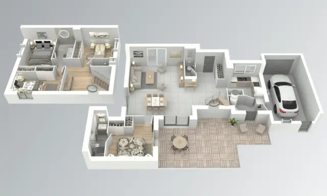 Exemple plan maison 3D : vue éclatée montrant plusieurs chambres, salon, salle à manger, cuisine, salle de bain et garage avec une voiture.