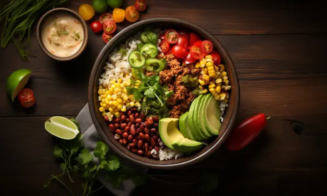 Kolorowy burrito bowl z ryżem, fasolą, kukurydzą, mięsem mielonym, awokado, pomidorkami i jalapeno.