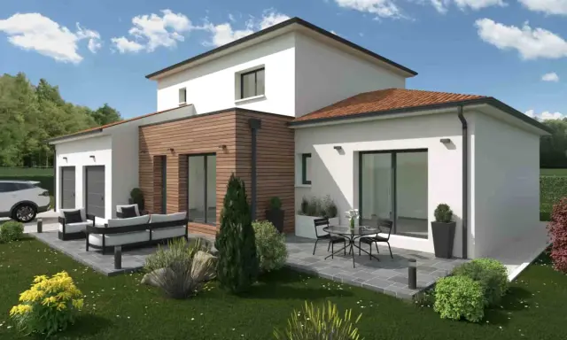 Une maison à étage moderne avec garage, terrasse aménagée et jardin verdoyant.