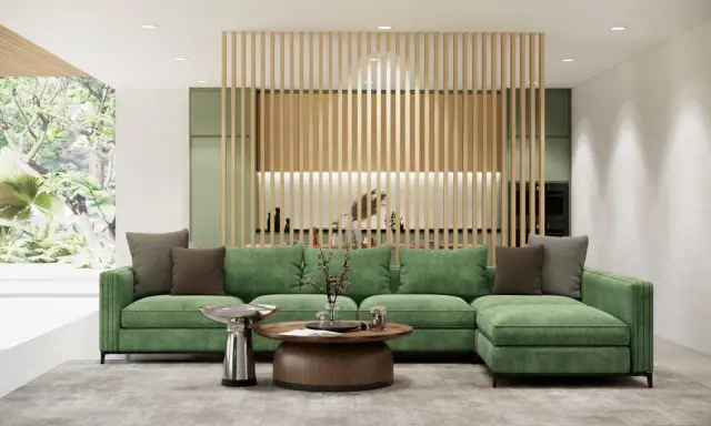 Un sofá verde es el centro de atención en este salón moderno. Descubre cómo combinar un sofá verde con tonos neutros y madera para un ambiente acogedor.