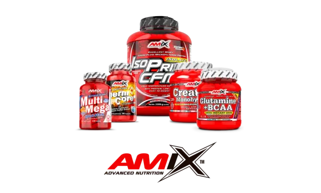 Varios suplementos deportivos de la marca Amix en envases rojos, incluyendo proteína, creatina y glutamina.