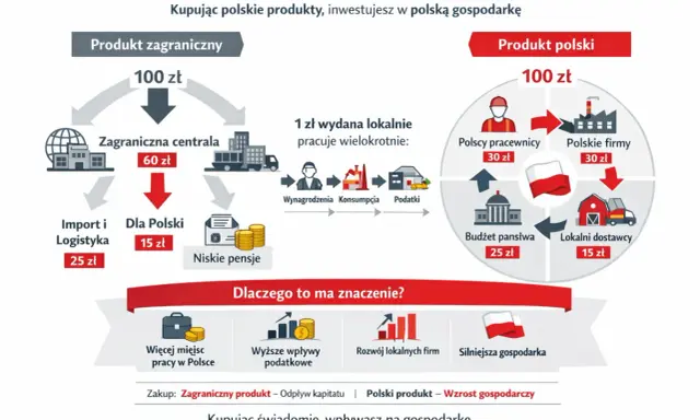 Porównanie wydatków: 100 zł na produkt zagraniczny vs. polski. Kupując polskie produkty, wspierasz polskie firmy, pracowników i budżet państwa.