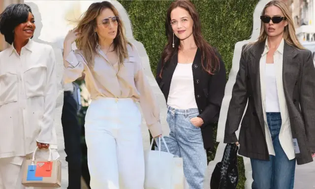 Four women showcase dressy casual looks: a white suit, a silk blouse with white pants, a cardigan with patterned jeans, and a blazer with a white top and jeans.