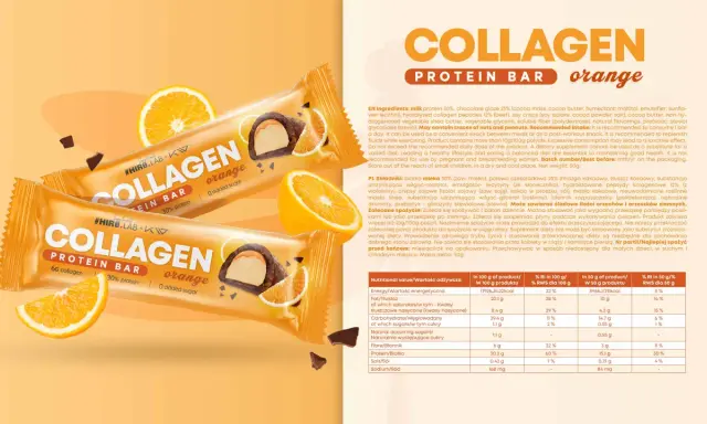 Pomarańczowy baton proteinowy z kolagenem, z kawałkami czekolady i pomarańczy. Idealna przekąska, gdy liczy się mieszanka krakowska kcal.