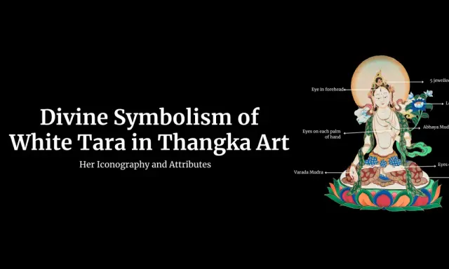 En detaljerad thangka-målning av White Tara, med förklaringar av hennes ikonografi och symbolik, inklusive lotusblomman och hennes mudras.