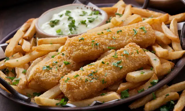 Knusprige Fischstäbchen und Pommes Frites, perfekt paniert ohne Ei, serviert mit einer cremigen Dip-Sauce und frischer Petersilie.