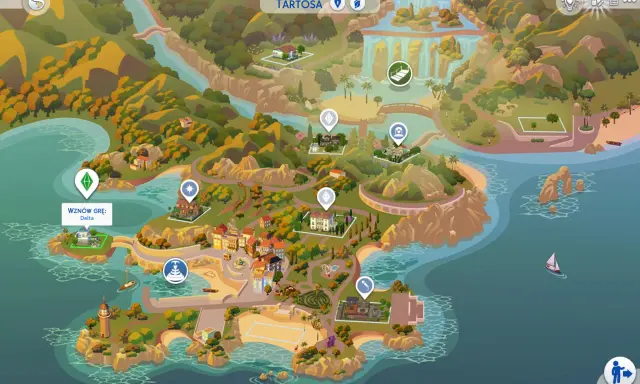 Mapa Tartosa w The Sims 4: malownicza wyspa z domami, plażami i wodospadami.