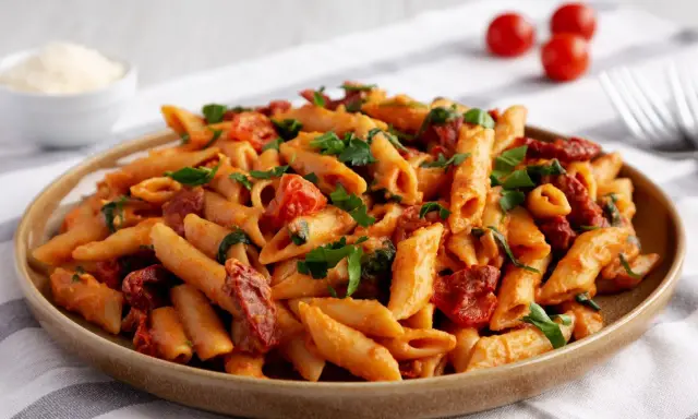 Penne z sosem pomidorowym, kawałkami suszonych pomidorów i świeżą bazylią. Idealne makaron z pomidorkami koktajlowymi na szybki obiad.