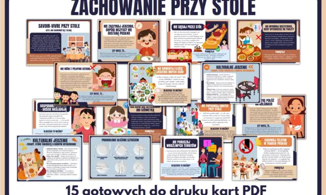 Karty z zasadami savoir-vivre przy stole, uczące jak reagować na zaczepki i zachować kulturę jedzenia.
