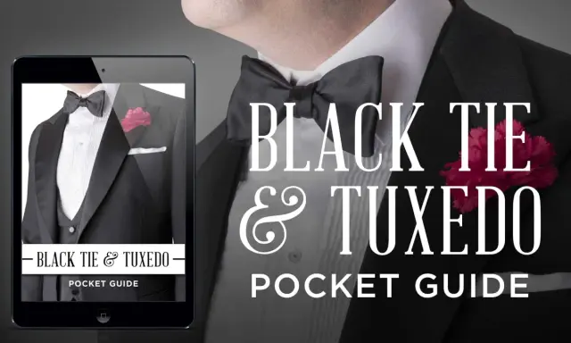 A tablet displays a guide to black tie attire for men, featuring a tuxedo with a bow tie and boutonnière.