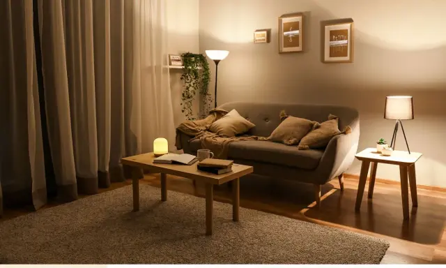 Przytulny salon z sofą, stolikiem i dywanem. Ciepłe kolory ścian do salonu tworzą relaksującą atmosferę.