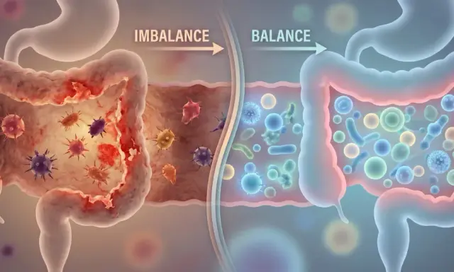 Illustrazione che mostra cos'è la disbiosi intestinale: un intestino con batteri dannosi (sinistra) e uno sano con batteri benefici (destra).