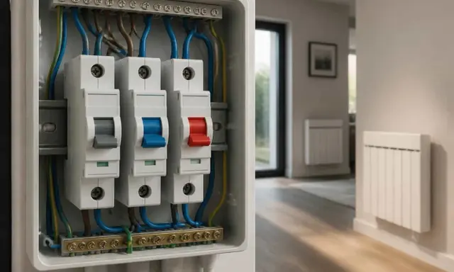 Boîtier électrique avec disjoncteurs, dont un pour le disjoncteur volet roulant, dans un intérieur moderne.