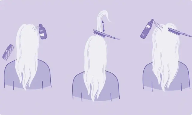 Ilustracja pokazuje kroki do tapirowania włosów: spryskanie, podniesienie pasma grzebieniem i delikatne cofanie, a następnie ponowne spryskanie.