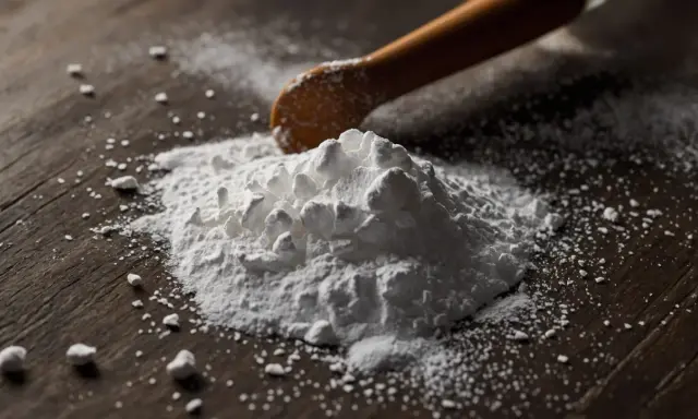 Stos białego proszku, być może soda oczyszczona na łupież pstry, z drewnianą łyżką w tle.