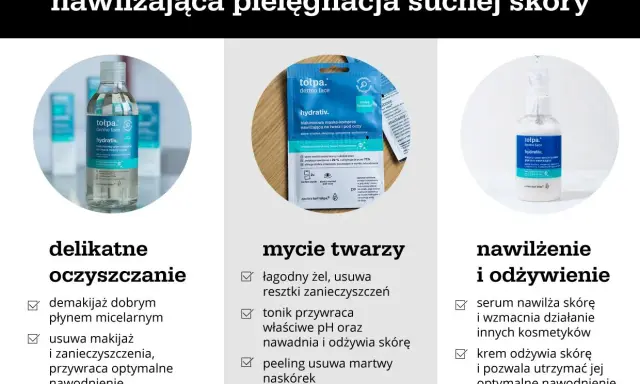 Pielęgnacja nawilżająca dla skóry suchej: płyn micelarny, maska-kompres i serum. Pomaga zwalczyć przesuszona skóra twarzy.