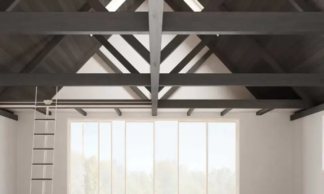 Idée peinture poutre plafond : poutres sombres contrastant avec un plafond blanc, créant un effet visuel saisissant.