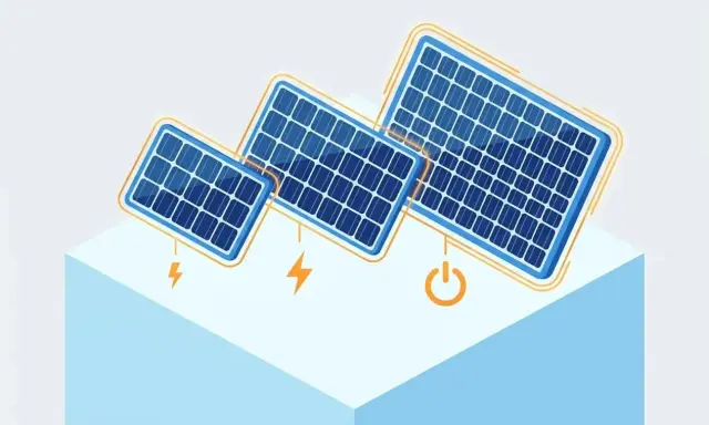Trois panneaux solaires de tailles différentes sur un cube bleu, symbolisant l'énergie et les conditions STC.
