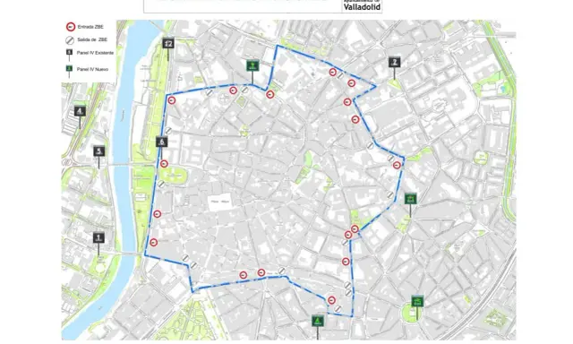 Mapa de la ZBE Valladolid: ruta delimitada, entradas/salidas y paneles informativos.
