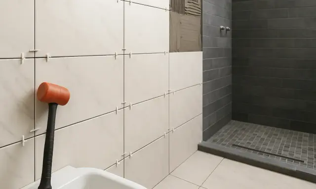 Herramientas para alicatar suelo de baño. Mazo de goma naranja junto a azulejos blancos y grises en proceso de instalación.