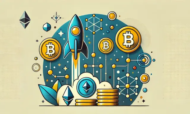 Rakieta startuje, symbolizując potencjał kryptowalut. Bitcoin i Ethereum unoszą się w tle, a sieć połączeń sugeruje, czym jest launchpad w świecie krypto.