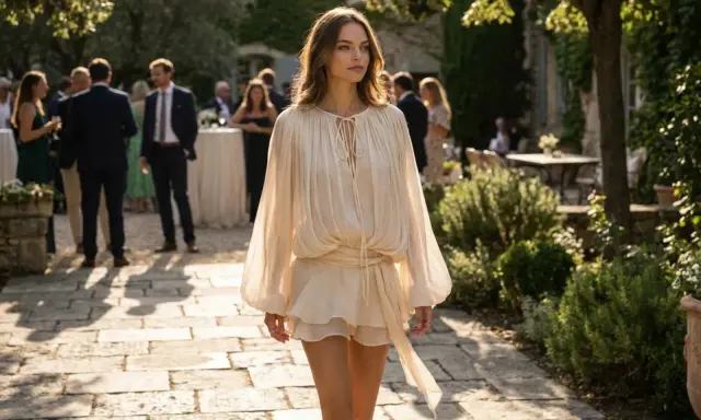 Mujer con vestido vaporoso camina en un jardín, inspirando estilos de boda bohemios y elegantes.