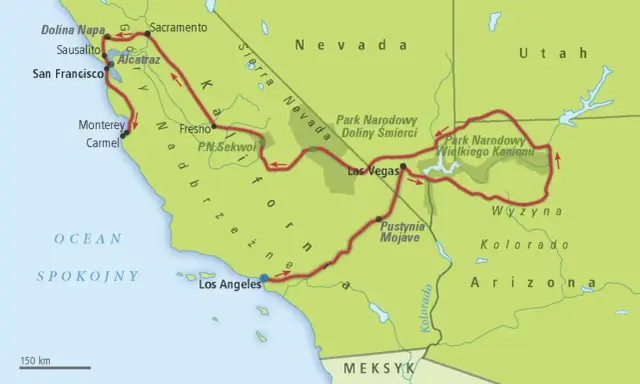 Mapa pokazuje trasę przez Kalifornię, Nevadę i Arizonę, gdzie leży Las Vegas, między parkami narodowymi i pustynią Mojave.