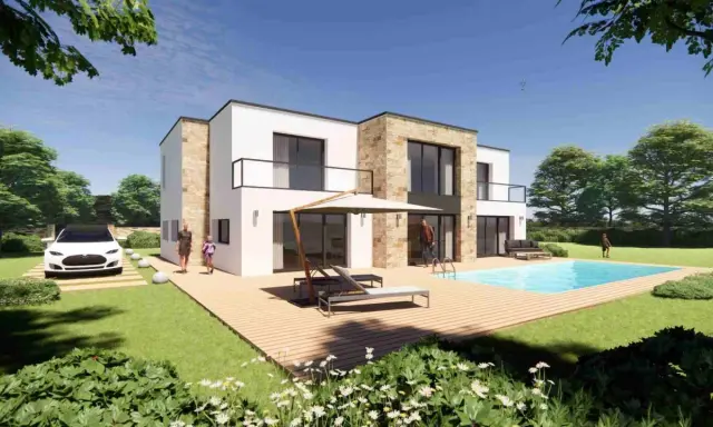 Maison moderne avec piscine, terrasse en bois et voiture électrique. Un architecte a conçu cette construction pour un style de vie luxueux.