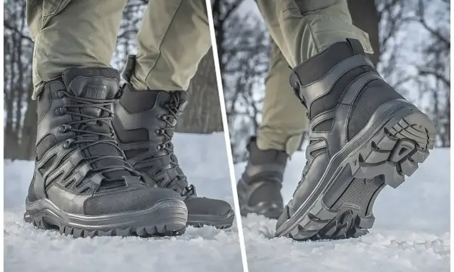 Czarne buty bushcraft na śniegu, z grubą podeszwą i sznurowaniem, gotowe na zimowe wyzwania.