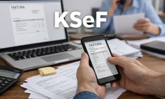 KSeF ułatwia rozliczenie faktur i podatek VAT. Na ekranie telefonu i laptopa widać faktury.