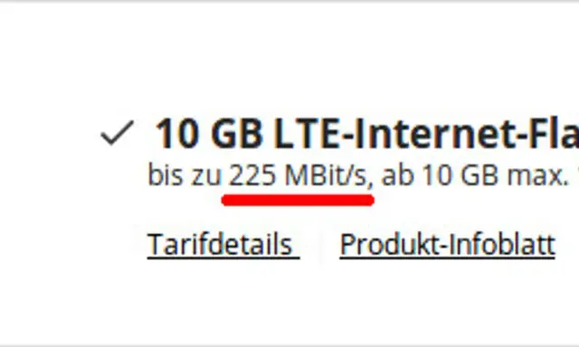 10 GB LTE-Internet-Flat mit bis zu 225 MBit/s. Die mb/s bedeutung hier ist Megabit pro Sekunde, eine Angabe zur Geschwindigkeit.