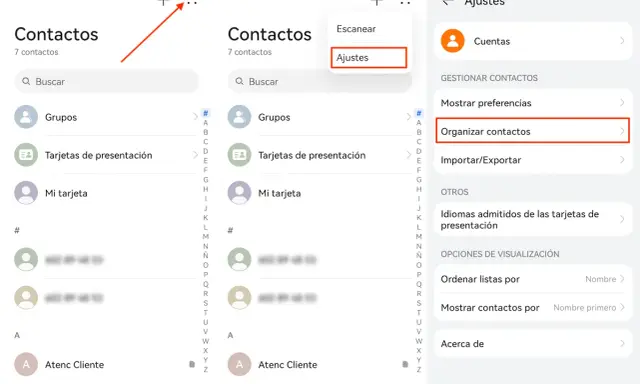Jak przywrócić kontakty z kosza? Kliknij "Ajustes" (Ustawienia), a następnie "Organizar contactos" (Organizuj kontakty).