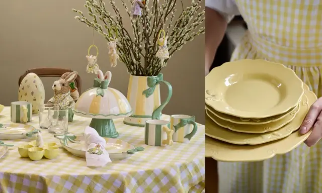 Härlig påskdukning inspiration med gula och gröna detaljer. En dukning med påskägg, kaniner och videkissar.