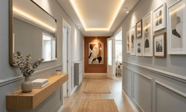 Ideas para decorar pasillo largo: espejo grande, arte abstracto, cuadros y alfombras de yute crean un ambiente acogedor.