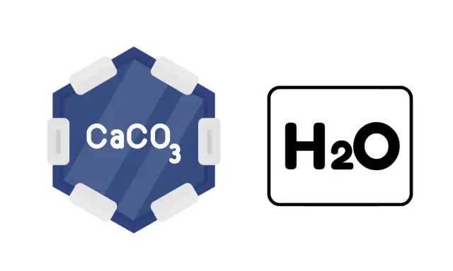 Wzór chemiczny CaCO₃, czyli węglanu wapnia, który tworzy marmur, obok symbolu wody H₂O.