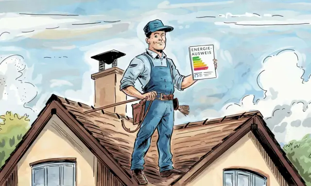 Schornsteinfeger auf dem Dach hält Energieausweis. Er erklärt, was kostet ein energieausweis vom schornsteinfeger.