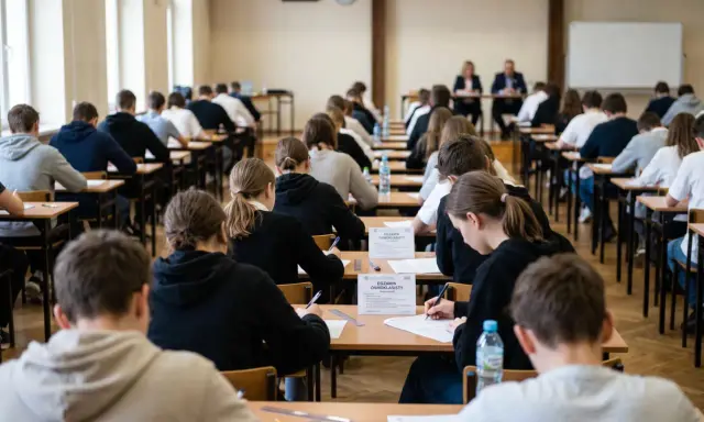 Uczniowie piszą egzamin ósmoklasisty z matematyki. Czas na rozwiązanie zadań jest ograniczony, a atmosfera skupienia panuje w sali.