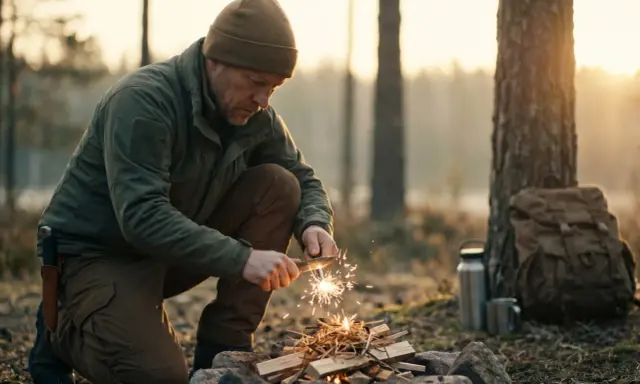 Mężczyzna w lesie, jak preppers, roznieca ogień krzesiwem. Obok plecak i termos.
