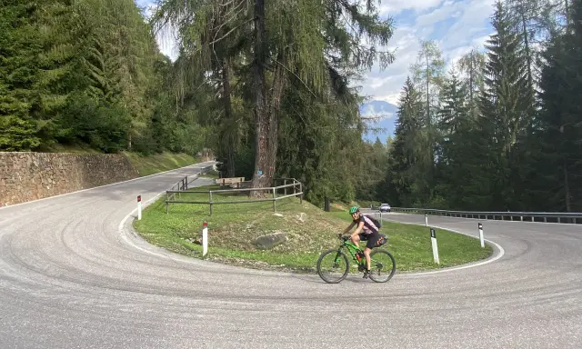 Ciclista su strada tortuosa, immersa nel verde del **campo Carlo Magno**, con alberi secolari e montagne sullo sfondo.
