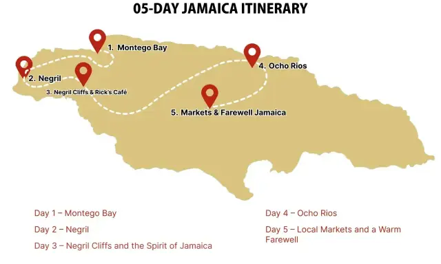 Mapa pokazuje, gdzie leży Jamajka, z trasą 5-dniową obejmującą Montego Bay, Negril i Ocho Rios.