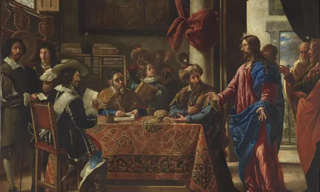 Jezus wita się z celnikami, jak opisano w Mt 9. Scena rozgrywa się w bogato zdobionym wnętrzu, gdzie Jezus w różowej i niebieskiej szacie rozmawia z mężczyznami przy stole.