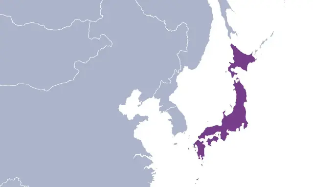 Karte von Japan in Lila auf weißem Hintergrund, mit angrenzenden asiatischen Ländern in Grau.