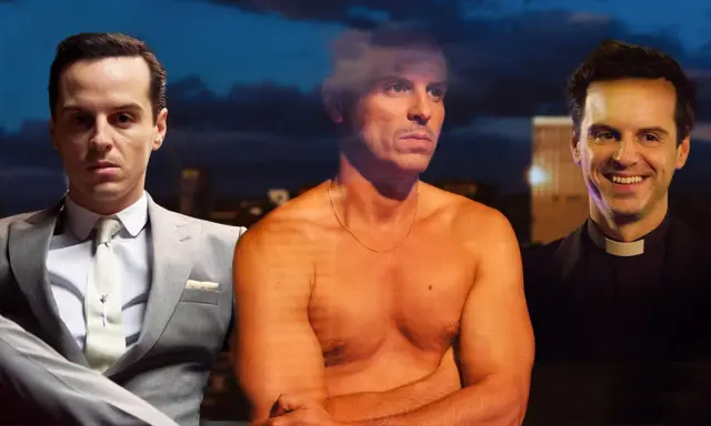 Andrew Scott i tre roller: i kostym, barbröstad och som präst. En hyllning till hans filmer och tv-program.